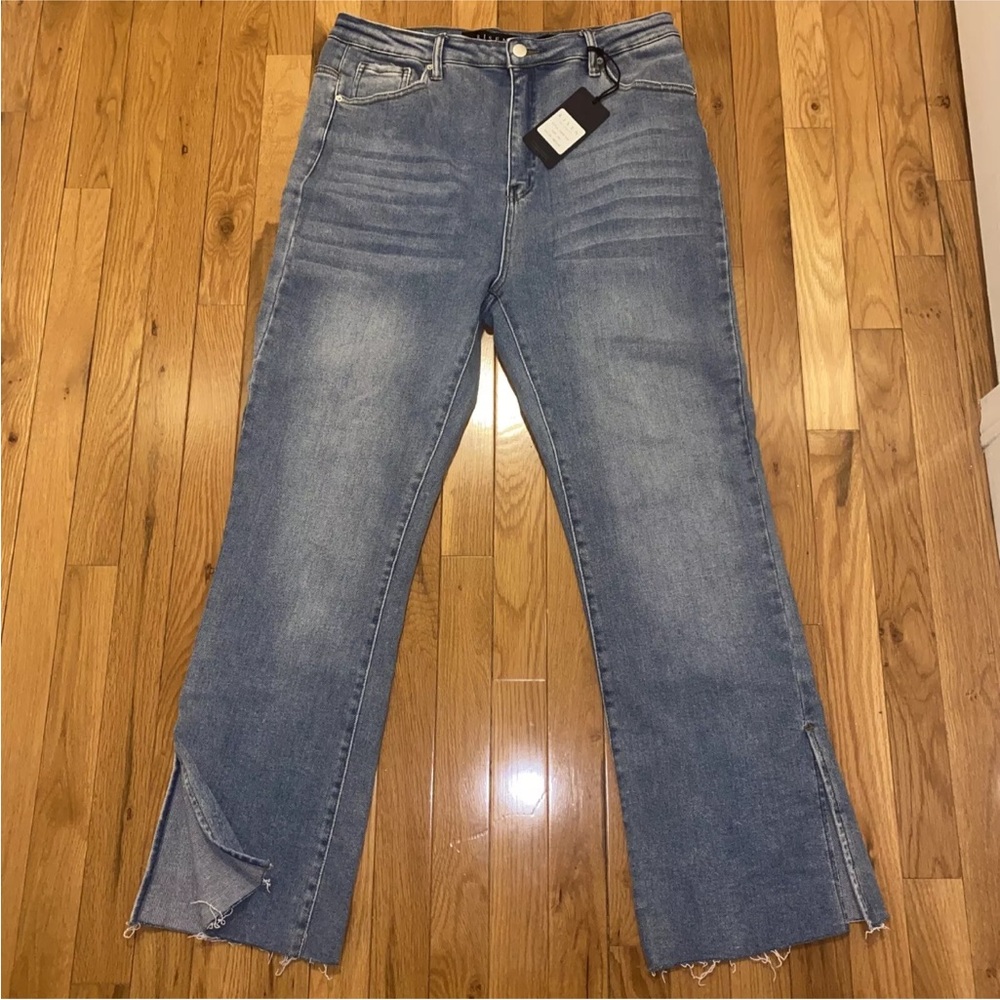 Risen High Rise Straight Leg Raw Hem SideSlit Jeans Plus Size 2XL Blue Denim NWT